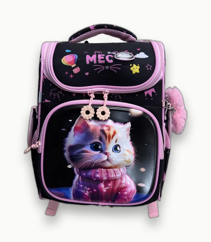 Рюкзак шкільний каркасний «MEOW» з кошеням, чорно-рожевий